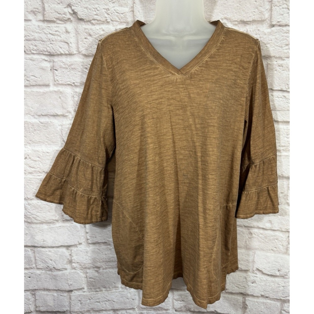 LOGO Lori Goldstein Distressed 100% Cotton Top Medium Bell Sleeve Pockets Brown